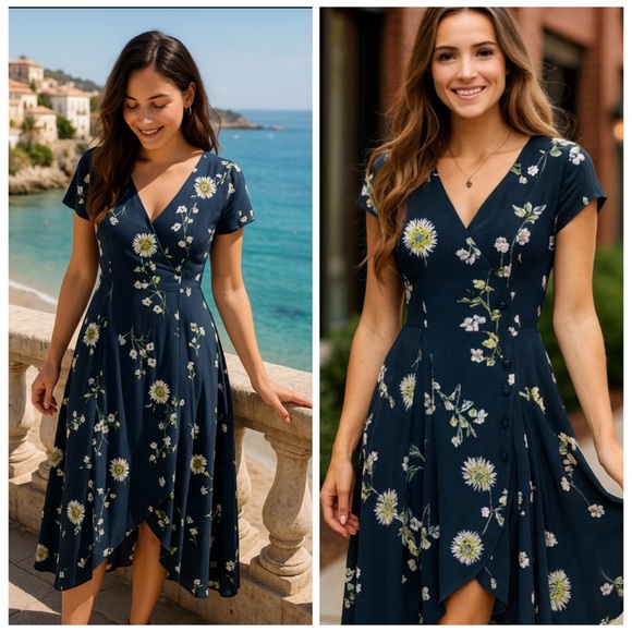 Free People Dresses & Skirts - FREE PEOPLE Blue Floral V-Neck Short Sleeve Button Front Midi Dress Large